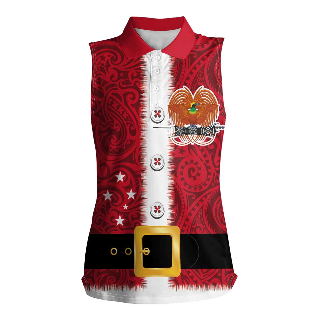 Papua New Guinea Merry Christmas Women Sleeveless Polo Shirt Santa Suit Style With Melanesian Pattern