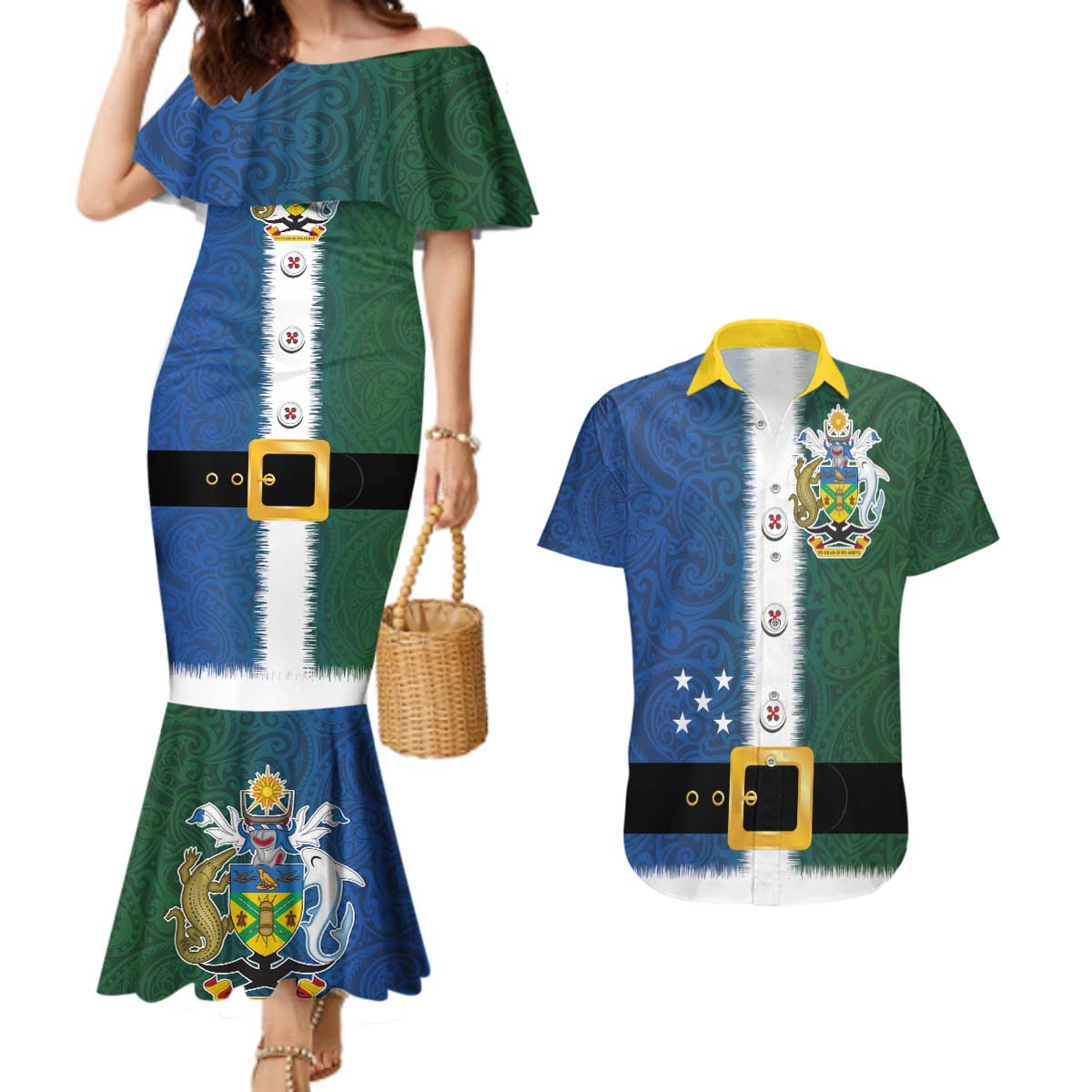 Solomon Islands Merry Christmas Couples Matching Mermaid Dress and Hawaiian Shirt Santa Suit Style With Melanesian Pattern LT03 Green - Polynesian Pride