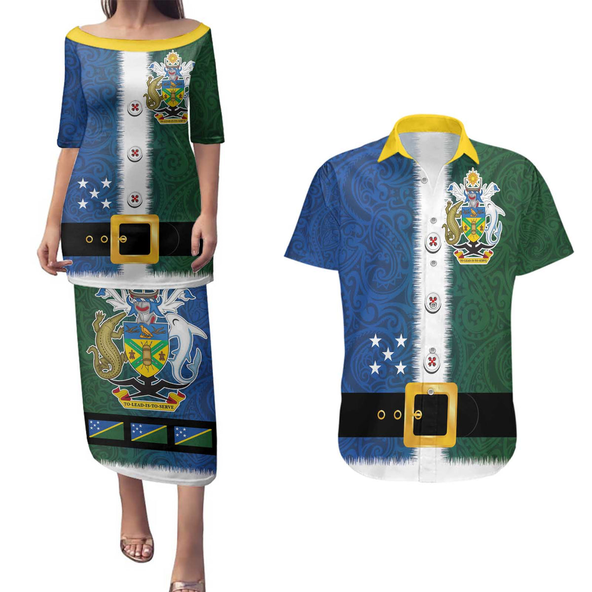 Solomon Islands Merry Christmas Couples Matching Puletasi and Hawaiian Shirt Santa Suit Style With Melanesian Pattern LT03 Green - Polynesian Pride