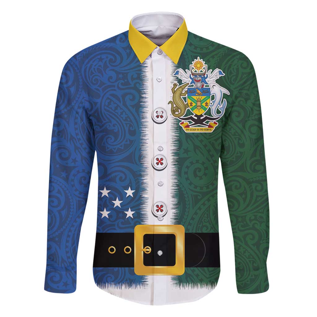 Solomon Islands Merry Christmas Family Matching Long Sleeve Bodycon Dress and Hawaiian Shirt Santa Suit Style With Melanesian Pattern LT03 Dad's Shirt - Long Sleeve Green - Polynesian Pride