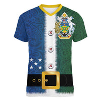 Solomon Islands Merry Christmas Women V-Neck T-Shirt Santa Suit Style With Melanesian Pattern LT03 Female Green - Polynesian Pride