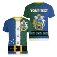 Solomon Islands Merry Christmas Women V-Neck T-Shirt Santa Suit Style With Melanesian Pattern LT03 - Polynesian Pride