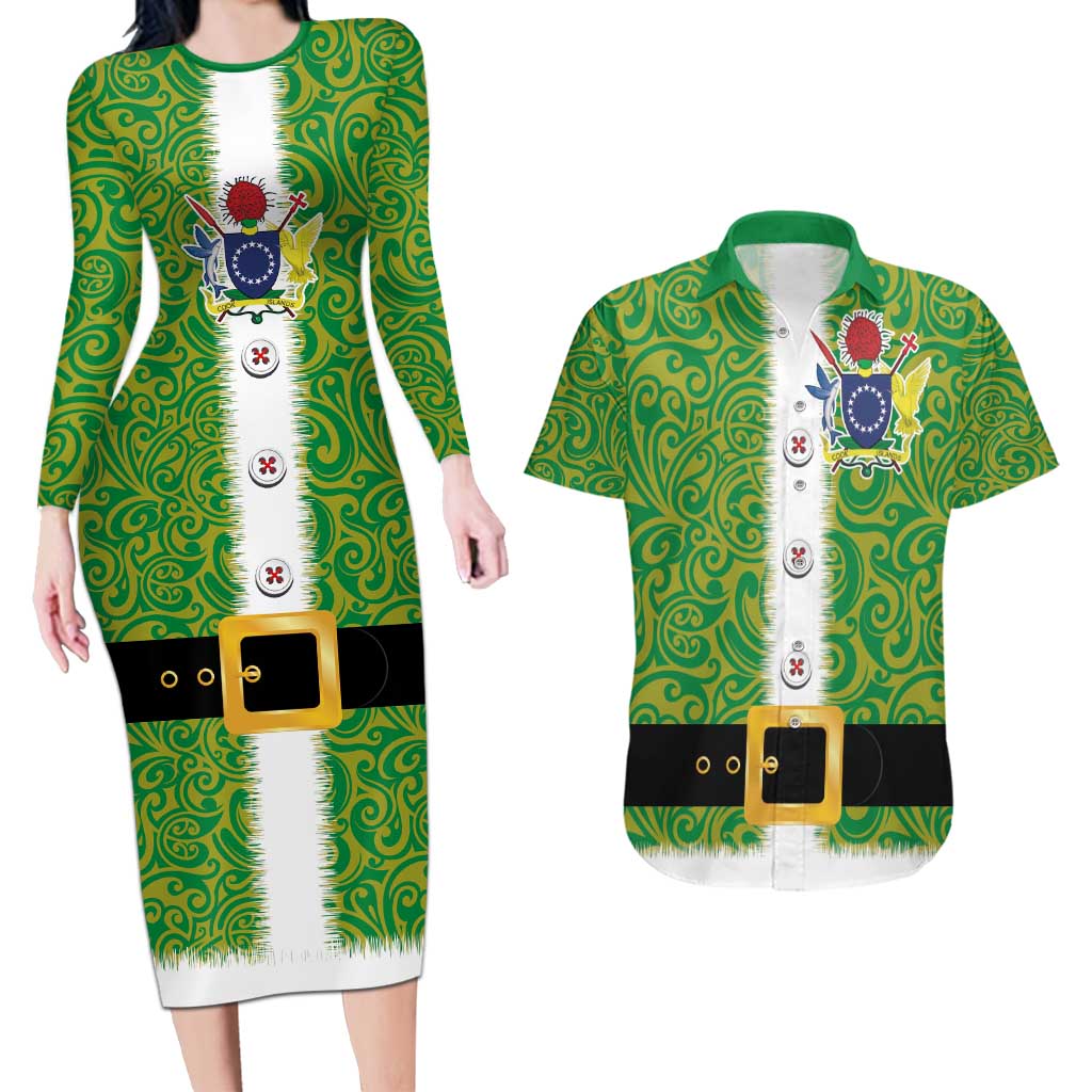 Cook Islands Merry Christmas Couples Matching Long Sleeve Bodycon Dress and Hawaiian Shirt Santa Suit Style With Polynesian Pattern LT03 Green - Polynesian Pride
