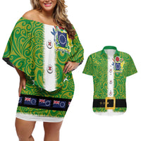 Cook Islands Merry Christmas Couples Matching Off Shoulder Short Dress and Hawaiian Shirt Santa Suit Style With Polynesian Pattern LT03 Green - Polynesian Pride
