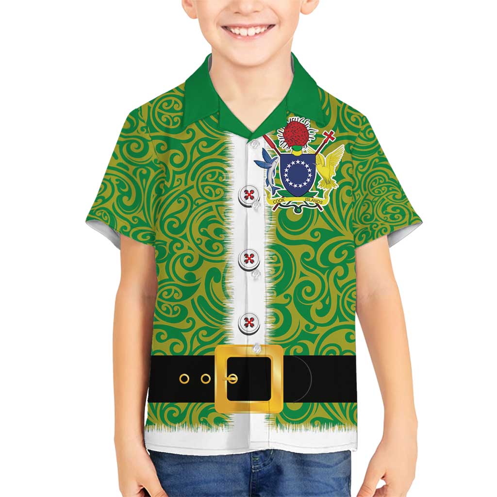 Cook Islands Merry Christmas Family Matching Off Shoulder Maxi Dress and Hawaiian Shirt Santa Suit Style With Polynesian Pattern LT03 Son's Shirt Green - Polynesian Pride