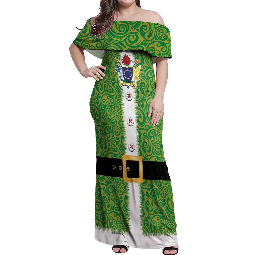 Cook Islands Merry Christmas Off Shoulder Maxi Dress Santa Suit Style With Polynesian Pattern LT03 Women Green - Polynesian Pride