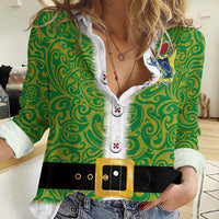 Cook Islands Merry Christmas Women Casual Shirt Santa Suit Style With Polynesian Pattern LT03 Female Green - Polynesian Pride