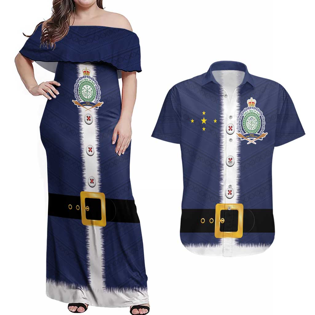 Niue Merry Christmas Couples Matching Off Shoulder Maxi Dress and Hawaiian Shirt Santa Suit Style With Hiapo Pattern LT03 Blue - Polynesian Pride