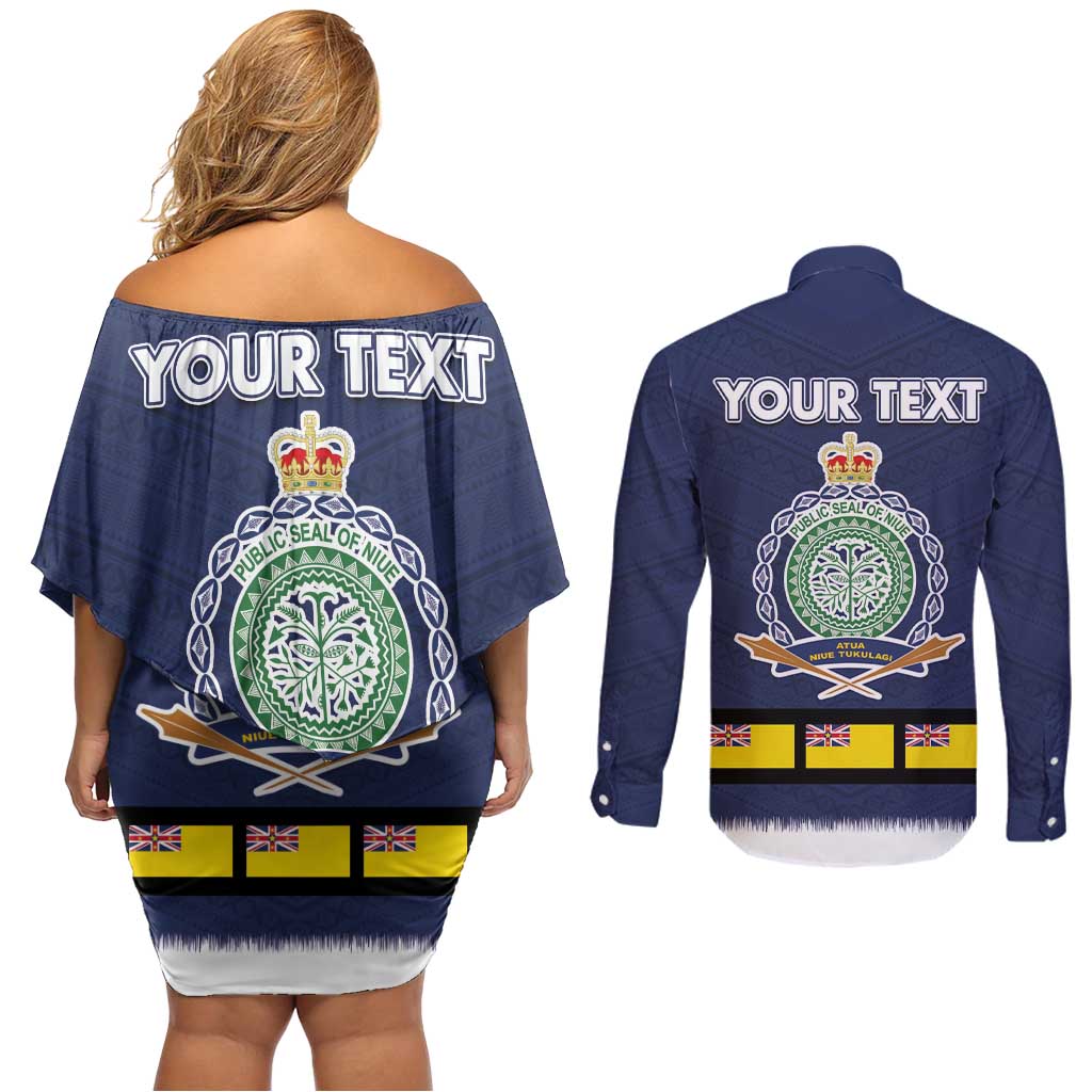 Niue Merry Christmas Couples Matching Off Shoulder Short Dress and Long Sleeve Button Shirt Santa Suit Style With Hiapo Pattern