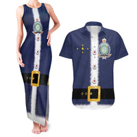 Niue Merry Christmas Couples Matching Tank Maxi Dress and Hawaiian Shirt Santa Suit Style With Hiapo Pattern LT03 Blue - Polynesian Pride