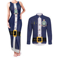Niue Merry Christmas Couples Matching Tank Maxi Dress and Long Sleeve Button Shirt Santa Suit Style With Hiapo Pattern LT03 Blue - Polynesian Pride