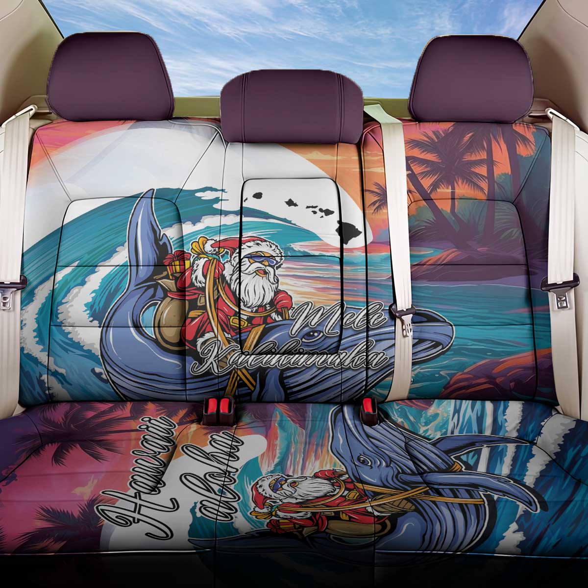 Hawaiian Mele Kalikimaka Back Car Seat Cover Santa Claus Driving The Whale with Sunset Ocean Landscape