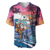 Hawaiian Mele Kalikimaka Baseball Jersey Santa Claus Driving The Whale with Sunset Ocean Landscape LT03 Blue - Polynesian Pride