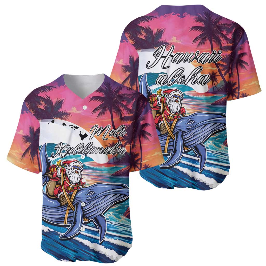 Hawaiian Mele Kalikimaka Baseball Jersey Santa Claus Driving The Whale with Sunset Ocean Landscape LT03 - Polynesian Pride