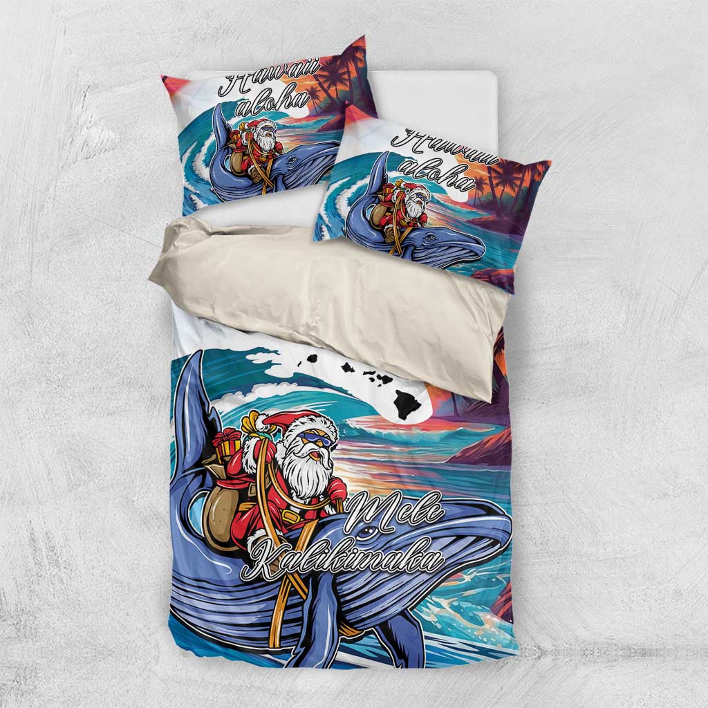 Hawaiian Mele Kalikimaka Bedding Set Santa Claus Driving The Whale with Sunset Ocean Landscape