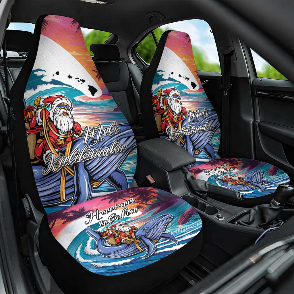 Hawaiian Mele Kalikimaka Car Seat Cover Santa Claus Driving The Whale with Sunset Ocean Landscape