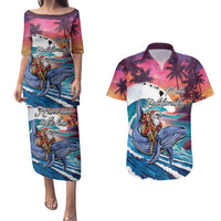 Hawaiian Mele Kalikimaka Couples Matching Puletasi and Hawaiian Shirt Santa Claus Driving The Whale with Sunset Ocean Landscape
