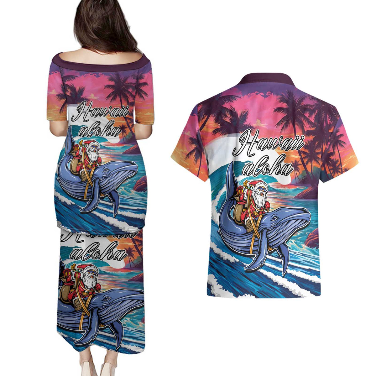 Hawaiian Mele Kalikimaka Couples Matching Puletasi and Hawaiian Shirt Santa Claus Driving The Whale with Sunset Ocean Landscape