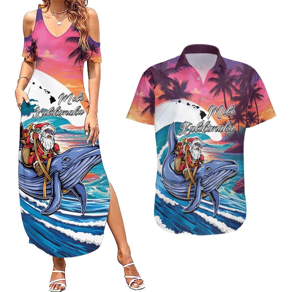 Hawaiian Mele Kalikimaka Couples Matching Summer Maxi Dress and Hawaiian Shirt Santa Claus Driving The Whale with Sunset Ocean Landscape