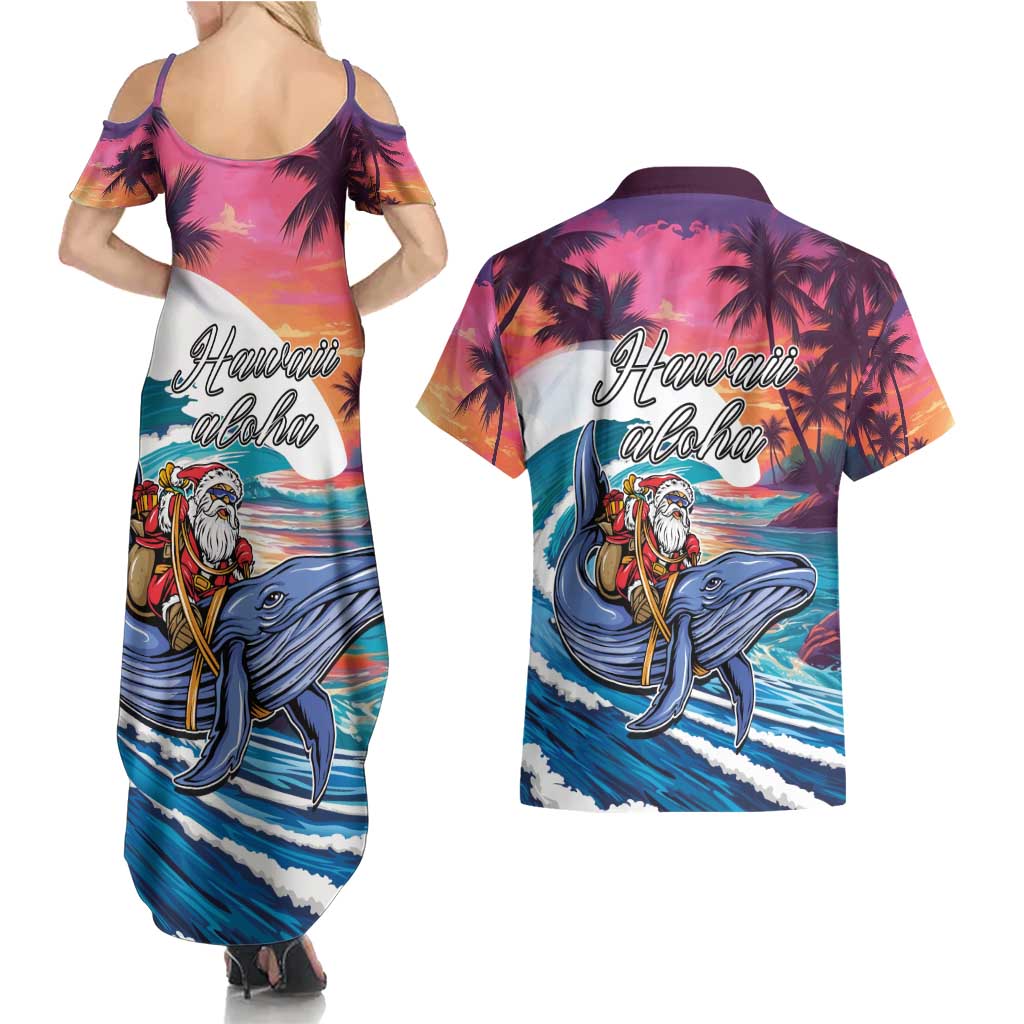 Hawaiian Mele Kalikimaka Couples Matching Summer Maxi Dress and Hawaiian Shirt Santa Claus Driving The Whale with Sunset Ocean Landscape