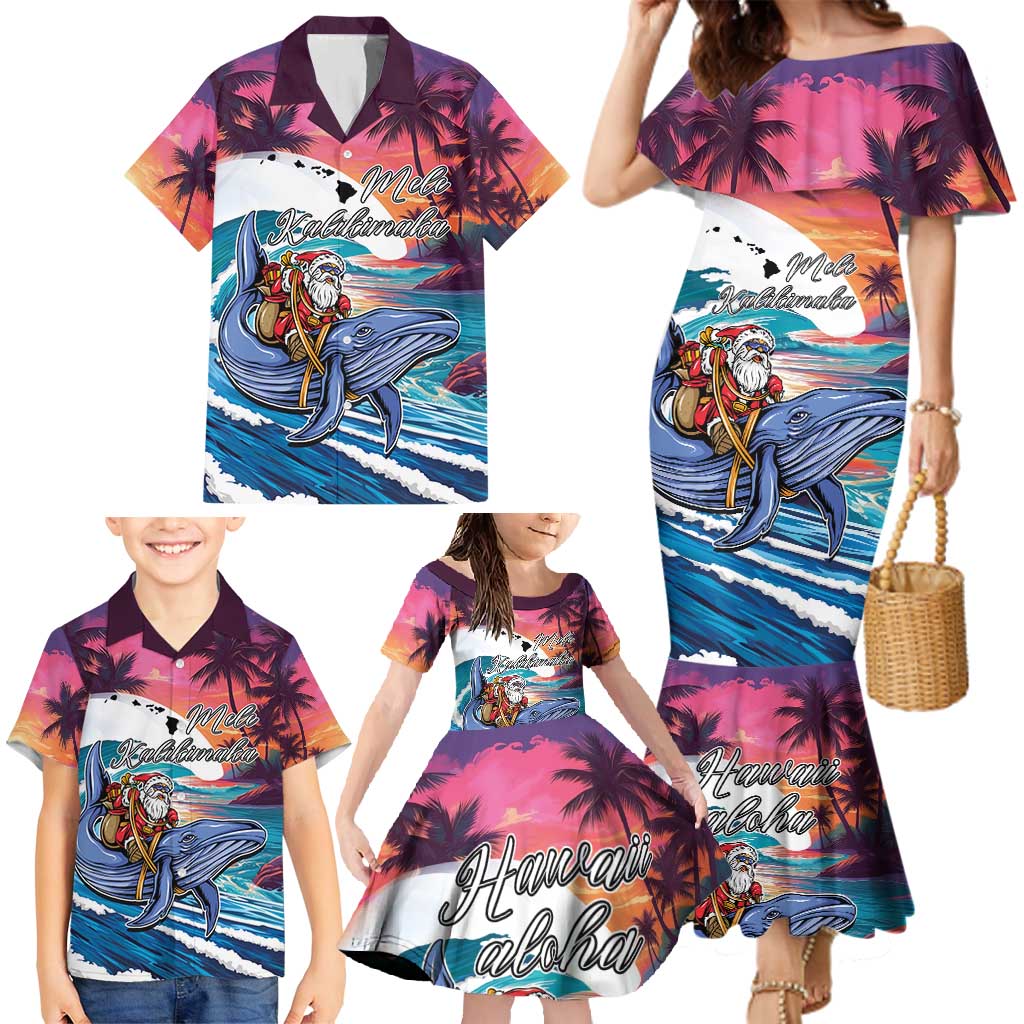 Hawaiian Mele Kalikimaka Family Matching Mermaid Dress and Hawaiian Shirt Santa Claus Driving The Whale with Sunset Ocean Landscape