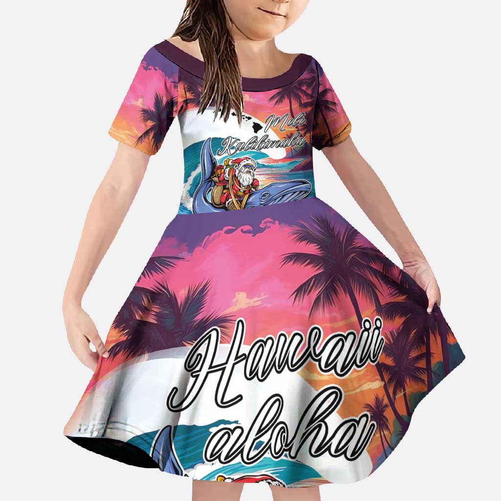 Hawaiian Mele Kalikimaka Family Matching Off Shoulder Maxi Dress and Hawaiian Shirt Santa Claus Driving The Whale with Sunset Ocean Landscape