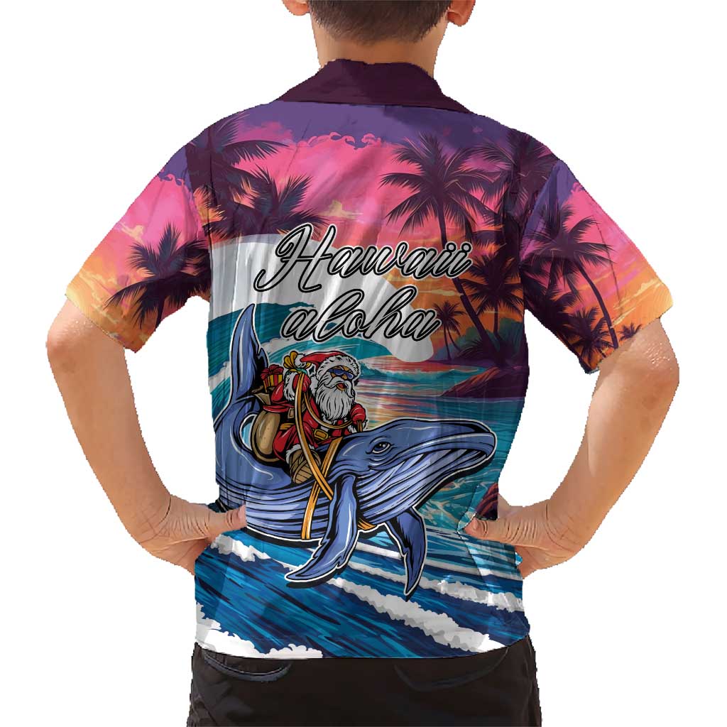 Hawaiian Mele Kalikimaka Family Matching Short Sleeve Bodycon Dress and Hawaiian Shirt Santa Claus Driving The Whale with Sunset Ocean Landscape