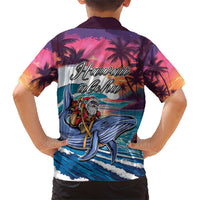 Hawaiian Mele Kalikimaka Family Matching Short Sleeve Bodycon Dress and Hawaiian Shirt Santa Claus Driving The Whale with Sunset Ocean Landscape