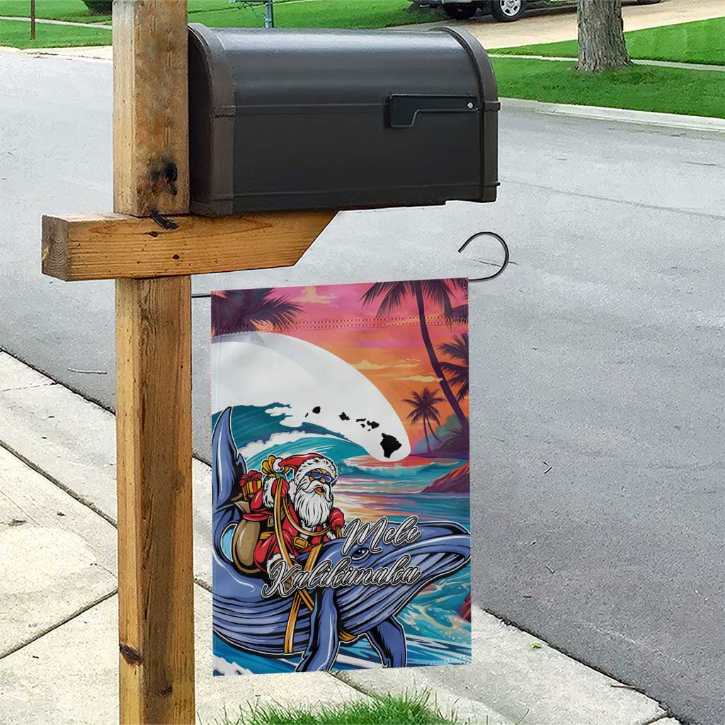 Hawaiian Mele Kalikimaka Garden Flag Santa Claus Driving The Whale with Sunset Ocean Landscape