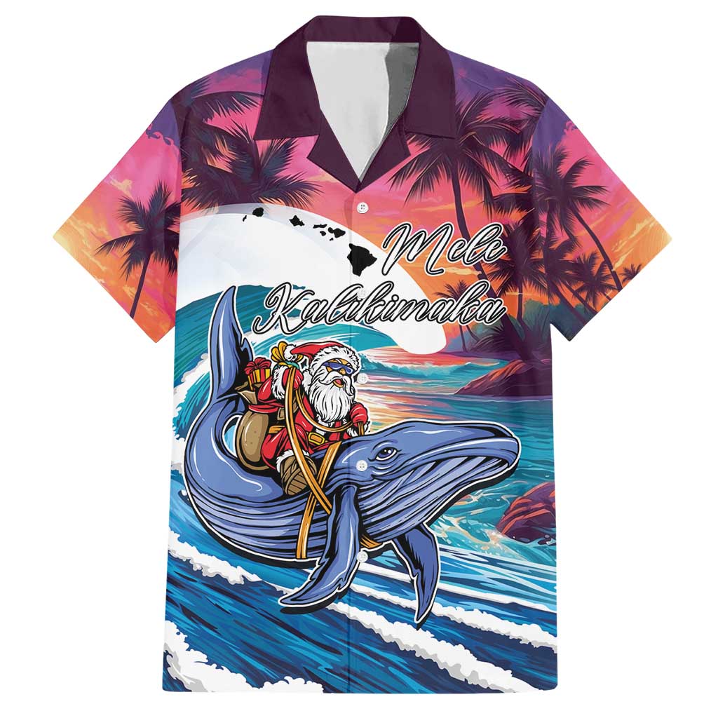 Hawaiian Mele Kalikimaka Hawaiian Shirt Santa Claus Driving The Whale with Sunset Ocean Landscape