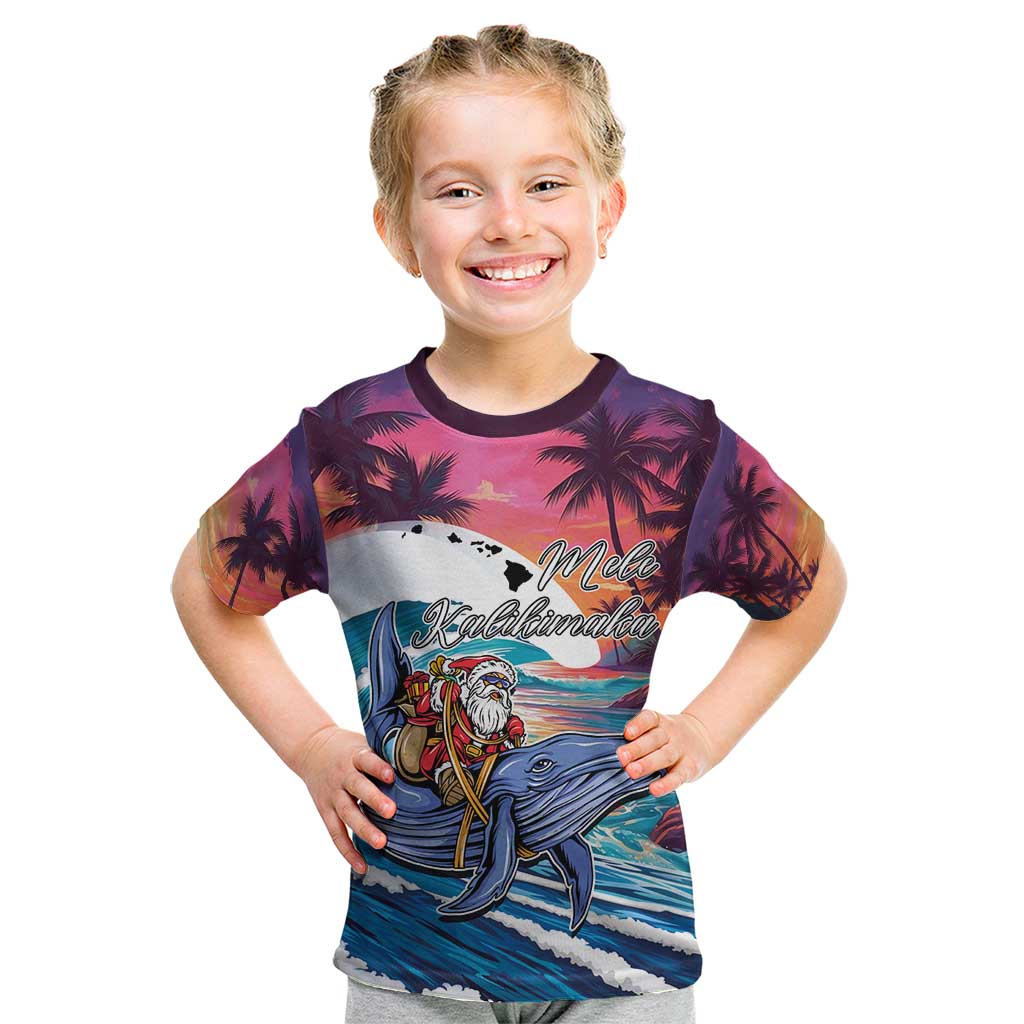 Hawaiian Mele Kalikimaka Kid T Shirt Santa Claus Driving The Whale with Sunset Ocean Landscape LT03 Blue - Polynesian Pride