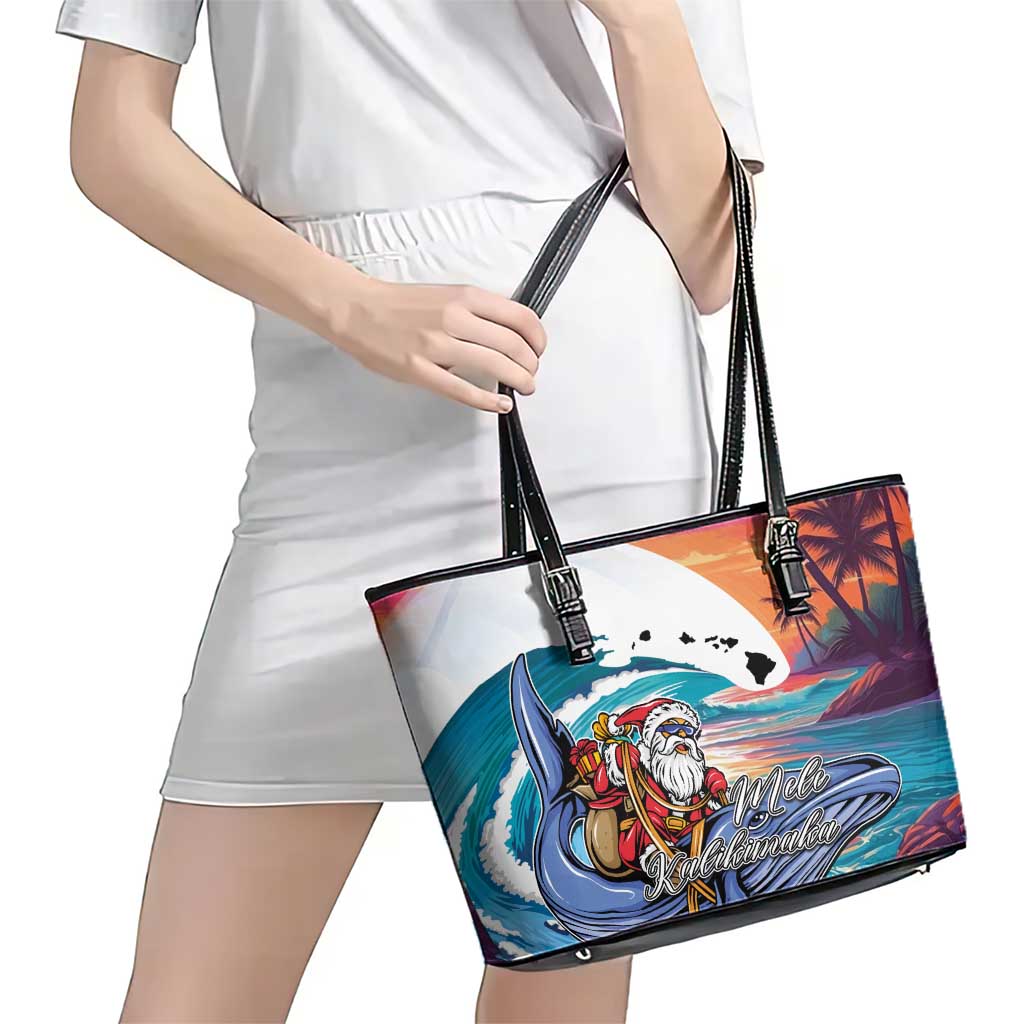 Hawaiian Mele Kalikimaka Leather Tote Bag Santa Claus Driving The Whale with Sunset Ocean Landscape LT03 - Polynesian Pride