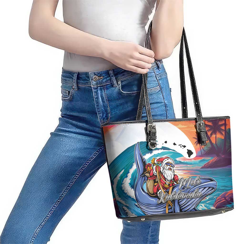 Hawaiian Mele Kalikimaka Leather Tote Bag Santa Claus Driving The Whale with Sunset Ocean Landscape LT03 - Polynesian Pride