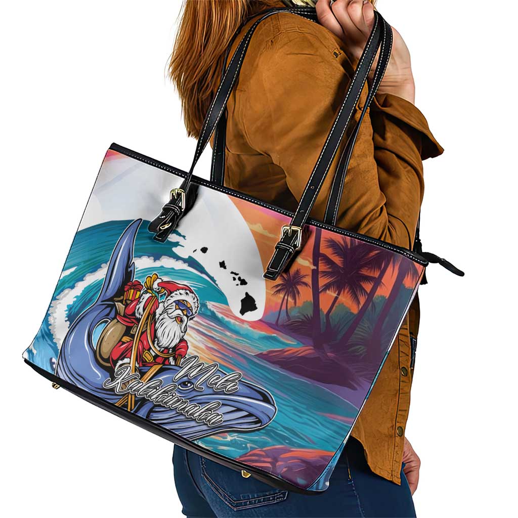 Hawaiian Mele Kalikimaka Leather Tote Bag Santa Claus Driving The Whale with Sunset Ocean Landscape LT03 - Polynesian Pride