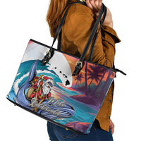Hawaiian Mele Kalikimaka Leather Tote Bag Santa Claus Driving The Whale with Sunset Ocean Landscape LT03 - Polynesian Pride