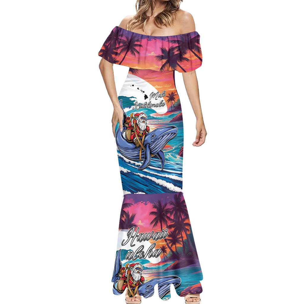 Hawaiian Mele Kalikimaka Mermaid Dress Santa Claus Driving The Whale with Sunset Ocean Landscape