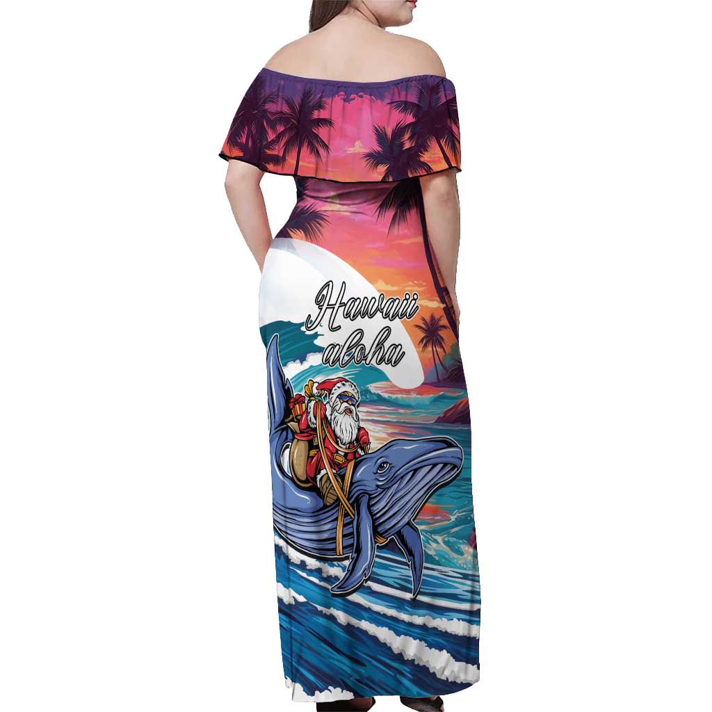 Hawaiian Mele Kalikimaka Off Shoulder Maxi Dress Santa Claus Driving The Whale with Sunset Ocean Landscape