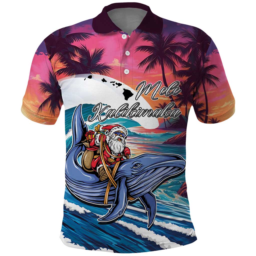 Hawaiian Mele Kalikimaka Polo Shirt Santa Claus Driving The Whale with Sunset Ocean Landscape