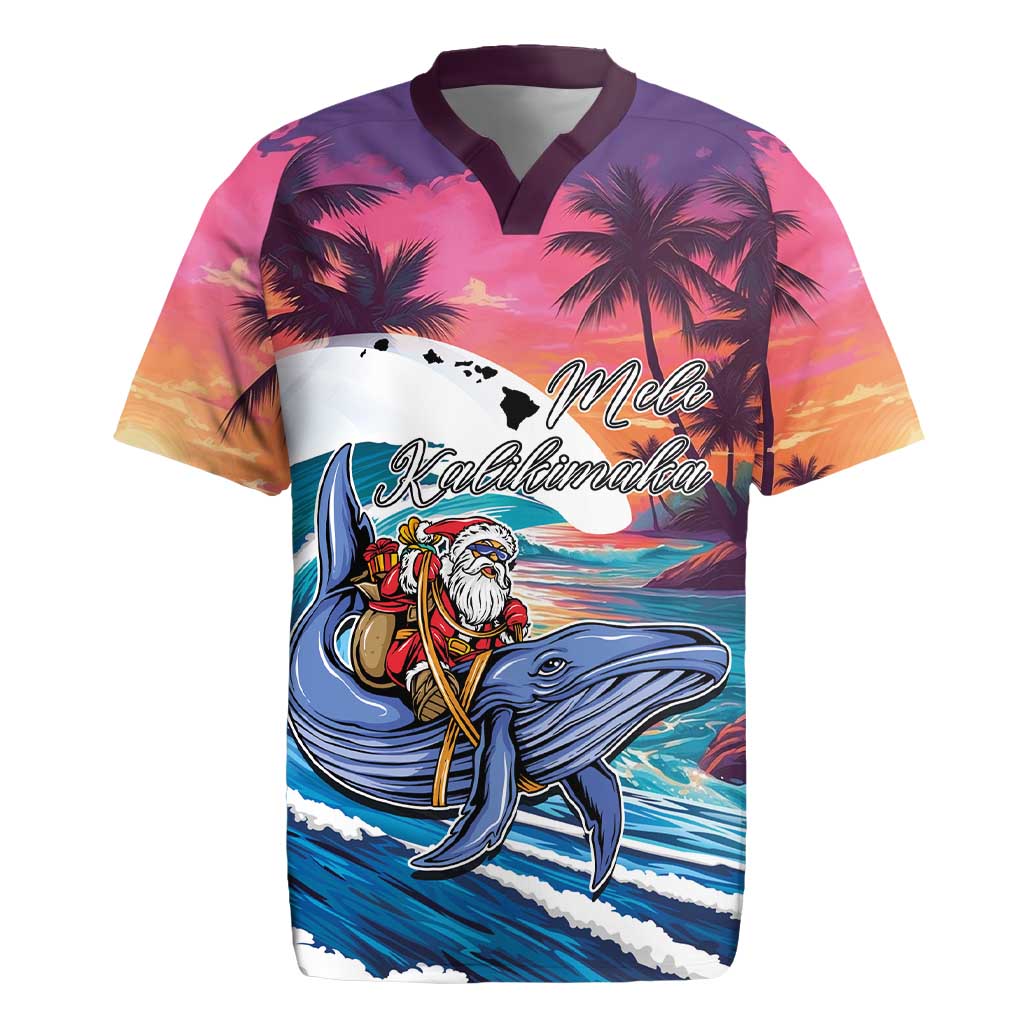 Hawaiian Mele Kalikimaka Rugby Jersey Santa Claus Driving The Whale with Sunset Ocean Landscape LT03 Blue - Polynesian Pride