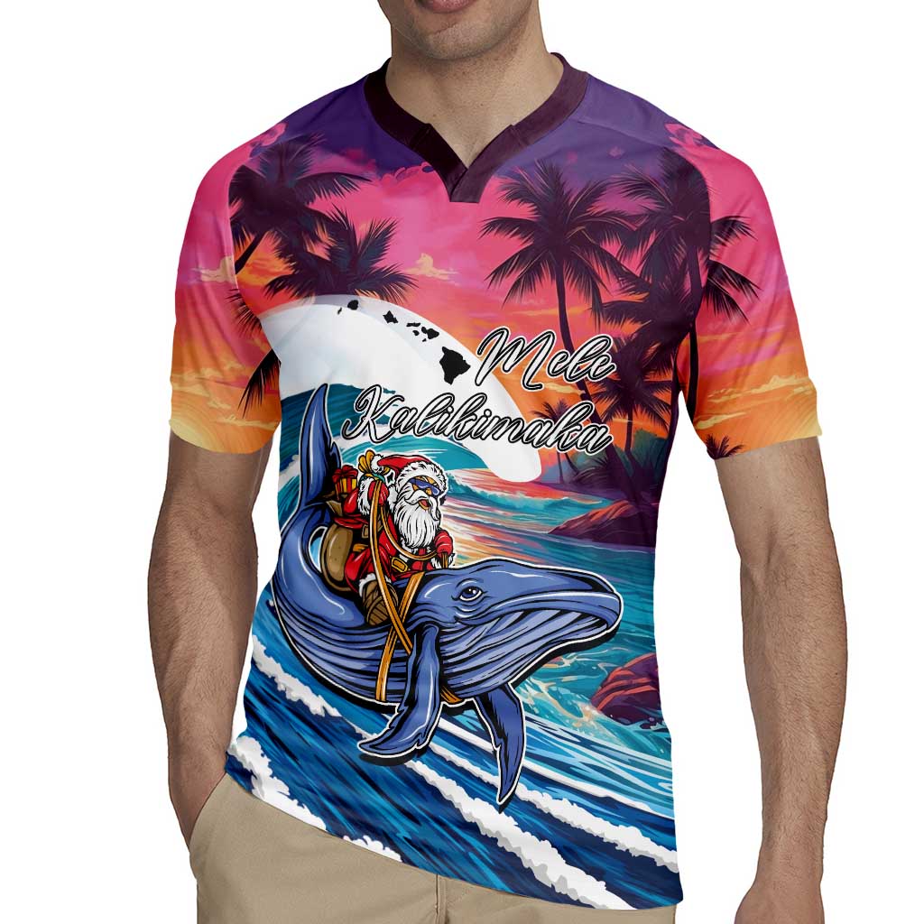 Hawaiian Mele Kalikimaka Rugby Jersey Santa Claus Driving The Whale with Sunset Ocean Landscape LT03 - Polynesian Pride