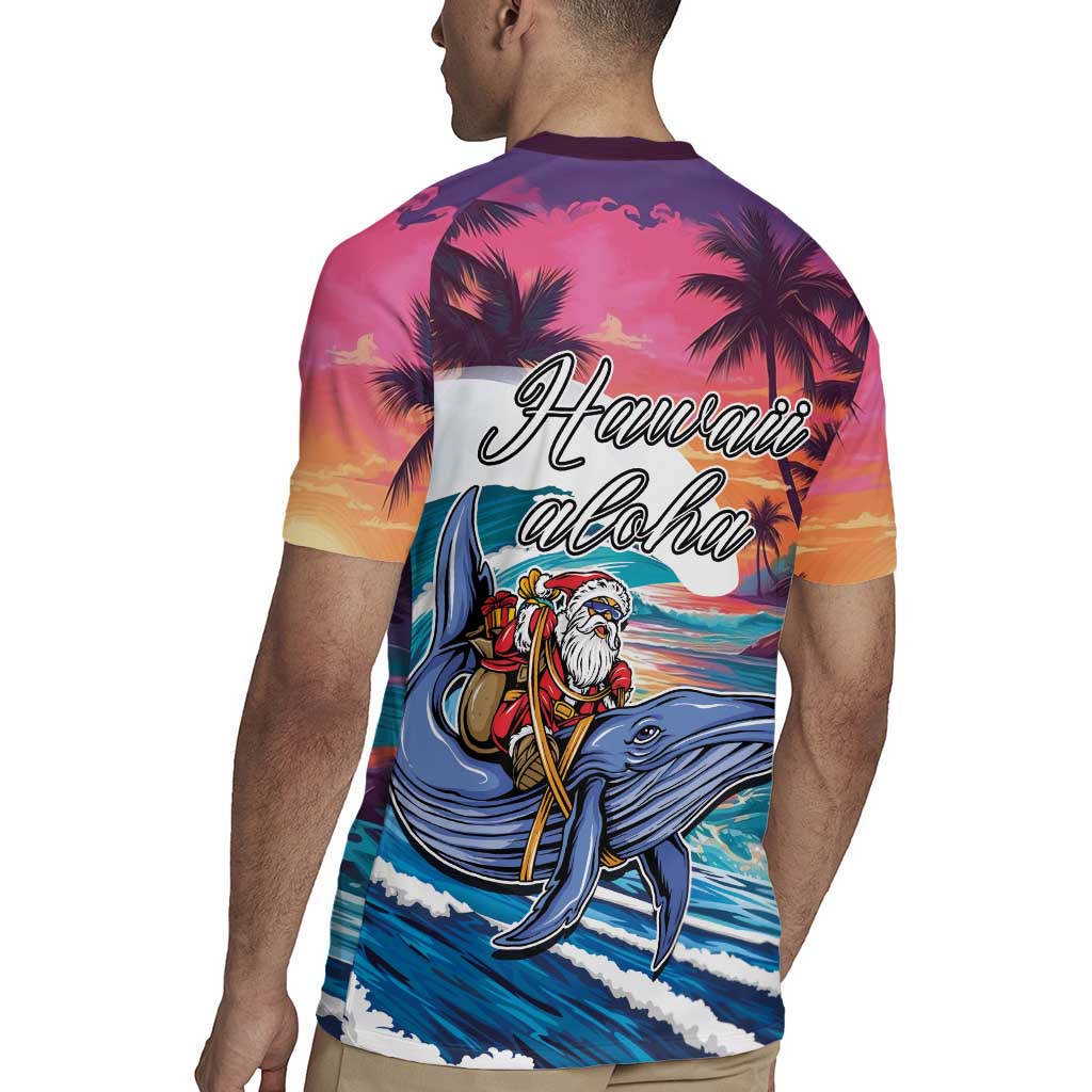 Hawaiian Mele Kalikimaka Rugby Jersey Santa Claus Driving The Whale with Sunset Ocean Landscape LT03 - Polynesian Pride