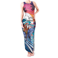 Hawaiian Mele Kalikimaka Tank Maxi Dress Santa Claus Driving The Whale with Sunset Ocean Landscape LT03 Women Blue - Polynesian Pride