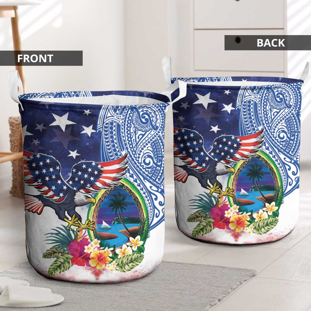 Guam and United States Together Laundry Basket Bald Eagle and Guam Seal with Flower and Tribal Tattoos LT03 - Polynesian Pride