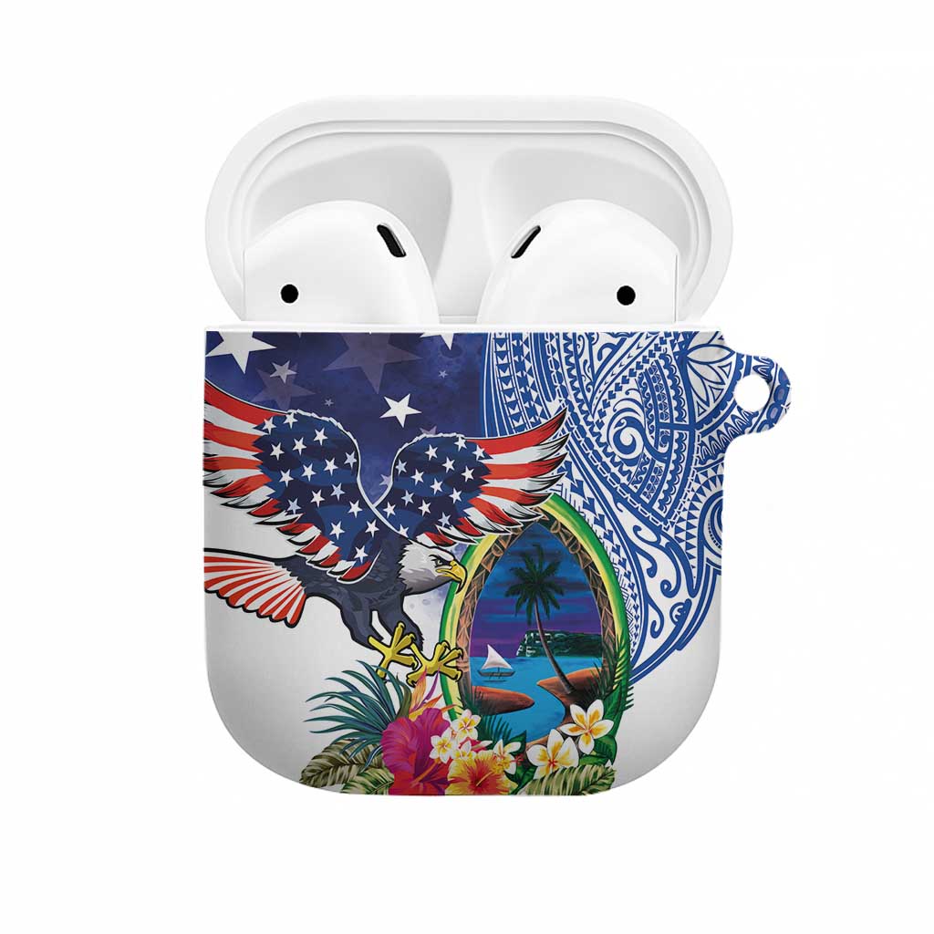 Guam and United States Together AirPods Case Bald Eagle and Guam Seal with Flower and Tribal Tattoos - Polynesian Pride