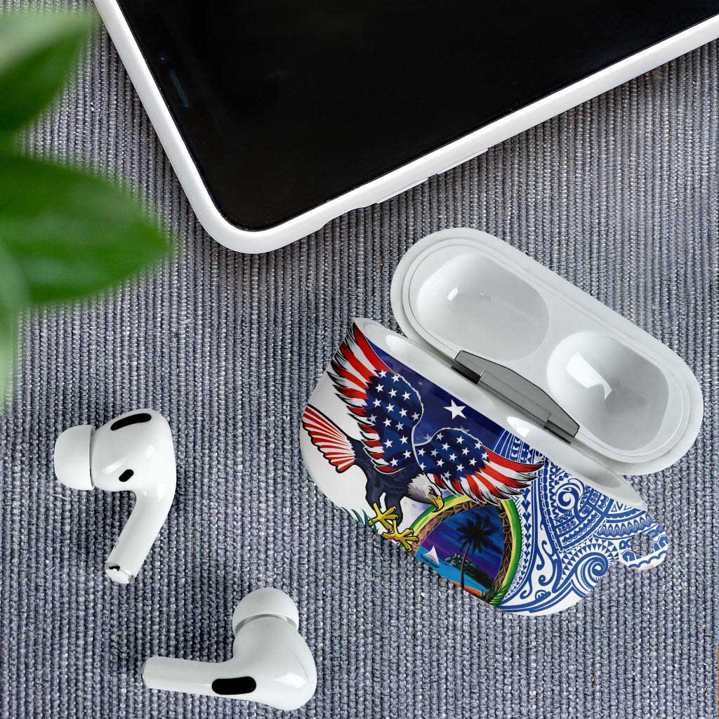 Guam and United States Together AirPods Case Bald Eagle and Guam Seal with Flower and Tribal Tattoos - Polynesian Pride