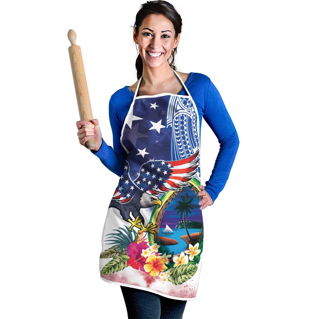 Guam and United States Together Apron Bald Eagle and Guam Seal with Flower and Tribal Tattoos - Polynesian Pride