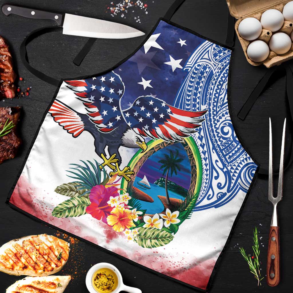 Guam and United States Together Apron Bald Eagle and Guam Seal with Flower and Tribal Tattoos - Polynesian Pride