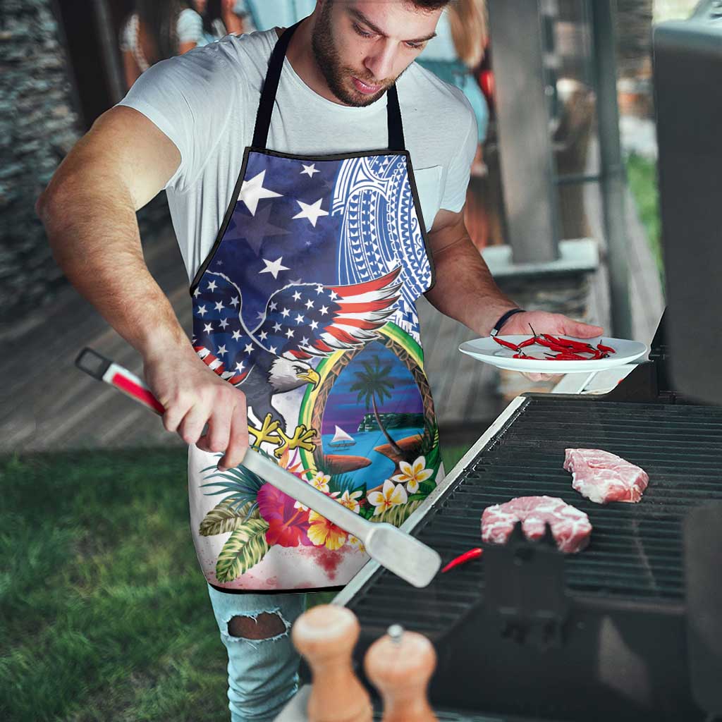 Guam and United States Together Apron Bald Eagle and Guam Seal with Flower and Tribal Tattoos - Polynesian Pride