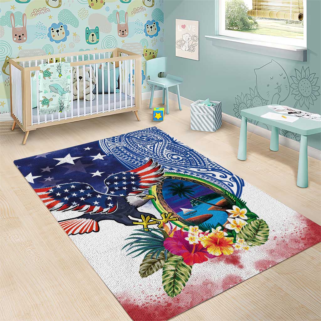 Guam and United States Together Area Rug Bald Eagle and Guam Seal with Flower and Tribal Tattoos - Polynesian Pride