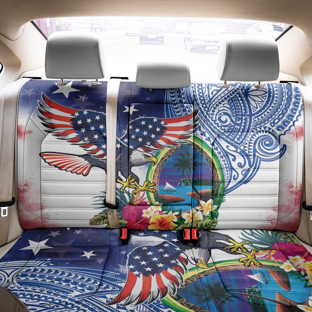 Guam and United States Together Back Car Seat Cover Bald Eagle and Guam Seal with Flower and Tribal Tattoos - Polynesian Pride